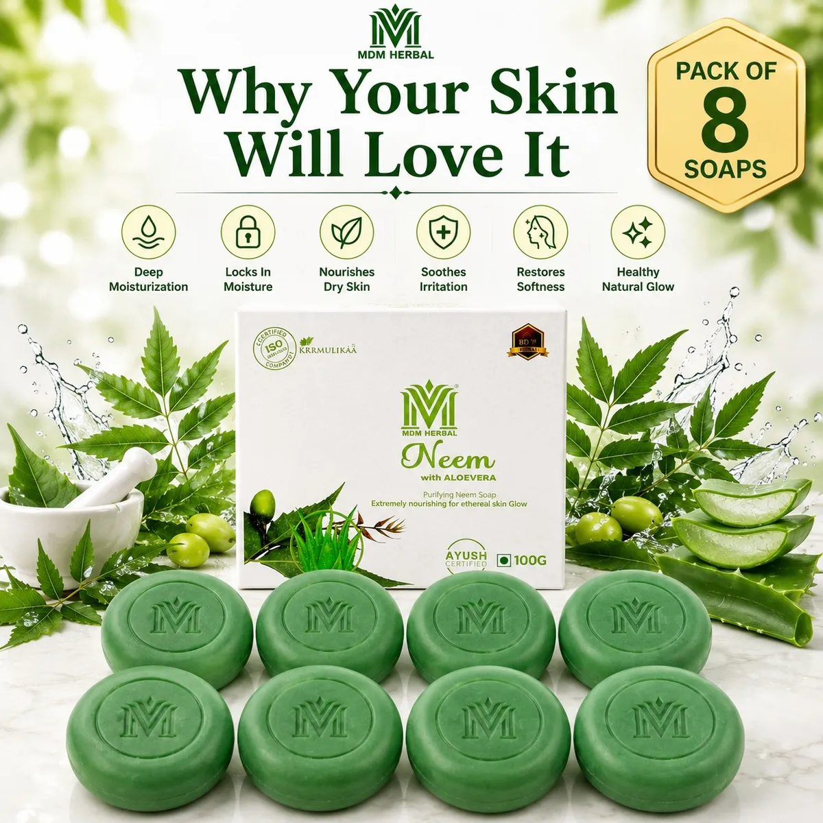 MDM Herbal Neem With Aloevera Soap 800G (100G X 8) Super Saver Pack