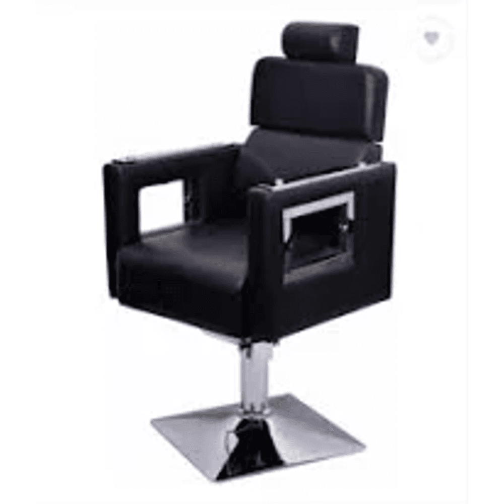 Black Geometric Hollow Chrome Armrest Reclining Salon Chair